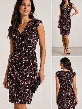 Lauren Ralph Lauren Ruched Faux Wrap Sheath Dress Size 2 Purple Brown Abstract